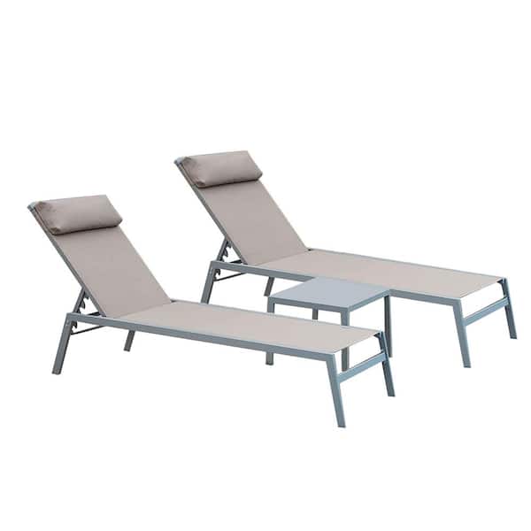 Sudzendf Khaki 3-Piece Metal Outdoor Adjustable Pool Chaise Lounge Set with Headrest (2 Lounge Chairs + 1 Table)