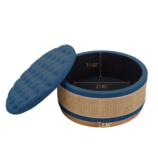 JEAREY Navy Linen Tufted Rattan Round Storage Ottoman for Bedroom