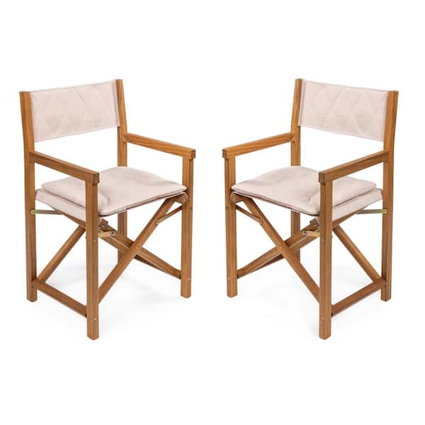 Waldo Classic Outdoor Acacia Wood Foldable Diamond-Quilted Back Director Chair with Cushion, Beige/Teak Brown (Set of 2)