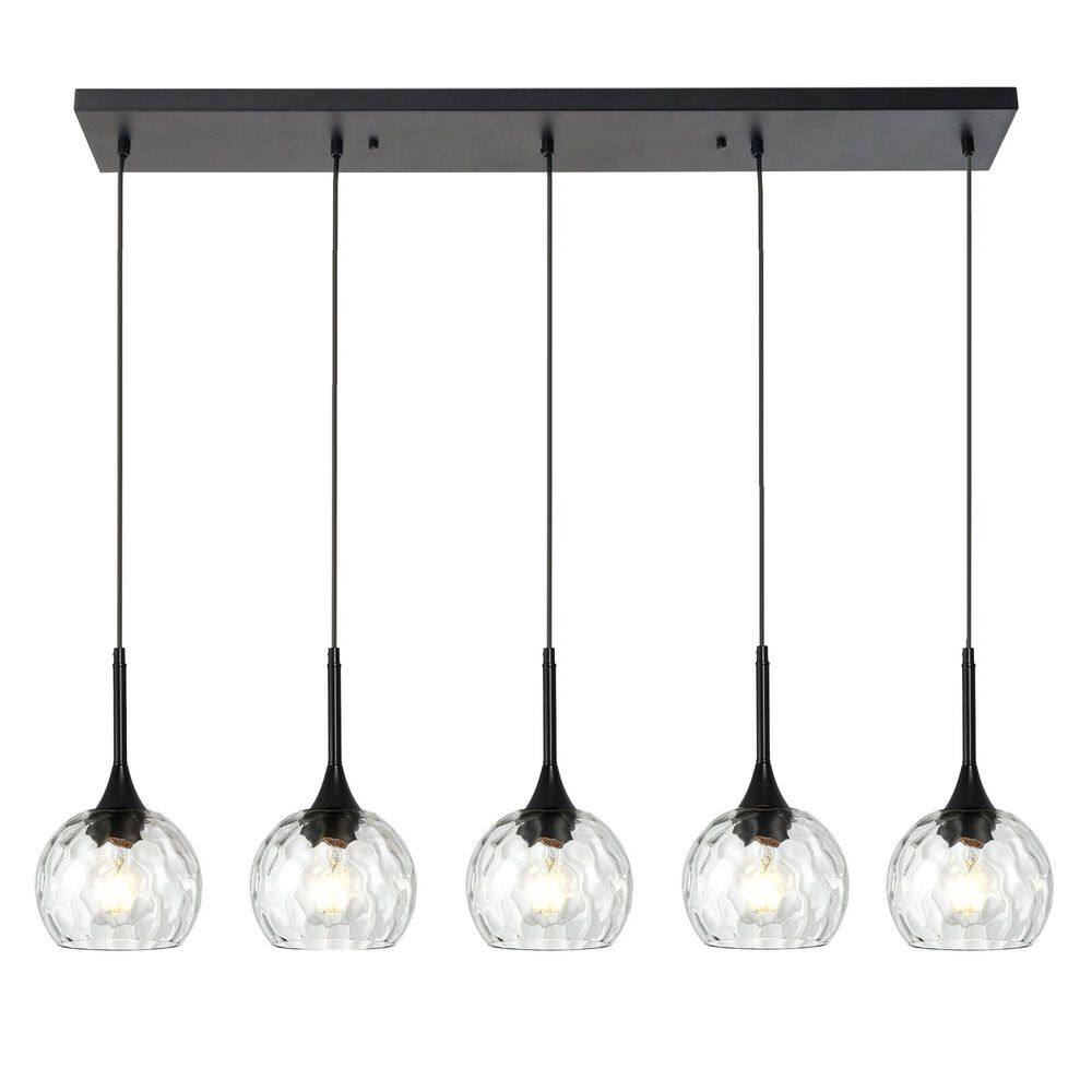5 Light Black Kitchen Pendant Lighting Over Island with Clear Hammered Glass Shade price history on PriceWatchPro
