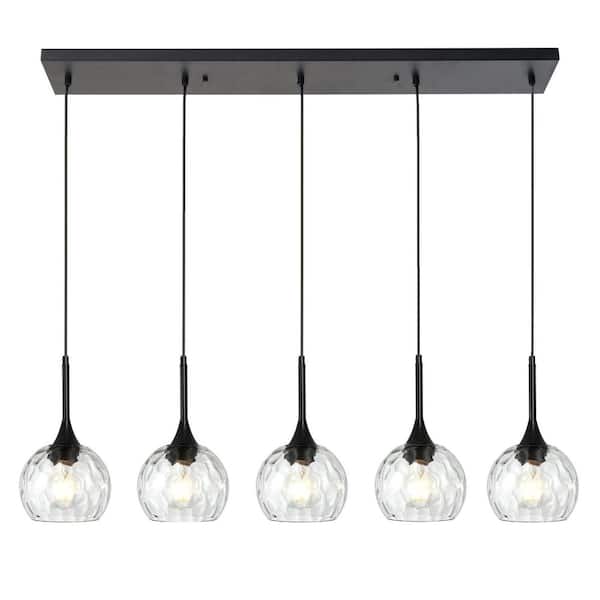 5 Light Black Kitchen Pendant Lighting Over Island with Clear Hammered Glass Shade