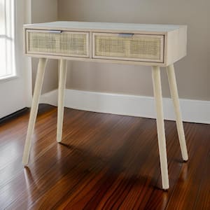 31.5 in. Brown Rectangle Wooden Console Table with 2-Drawers and Woven Rattan