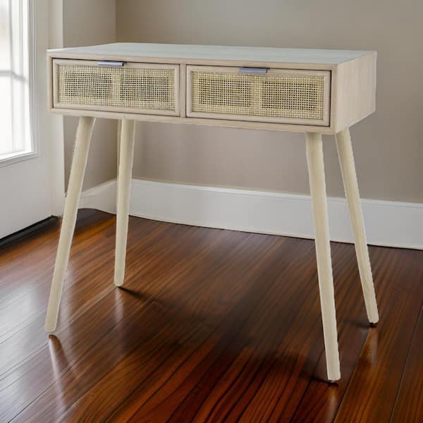 Benjara 31.5 in. Brown Rectangle Wooden Console Table with 2-Drawers and Woven Rattan