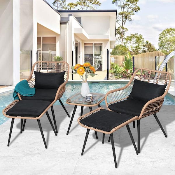 Freestyle 5-Piece Beige Wicker Outdoor Conversation Set with Ottomans and Square Side Table, Black Cushions