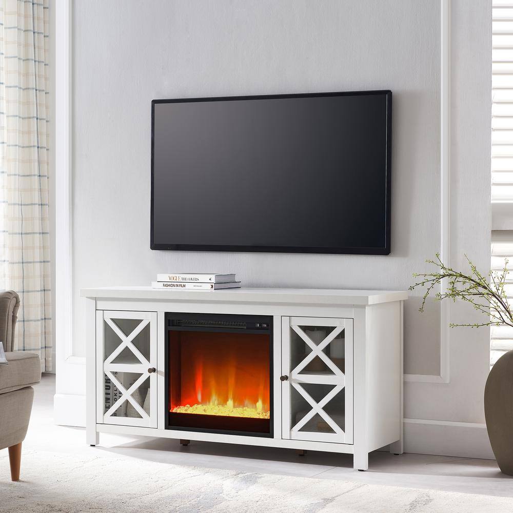 White 47 Inch TV Stand with Electric Fireplace and Glass Doors