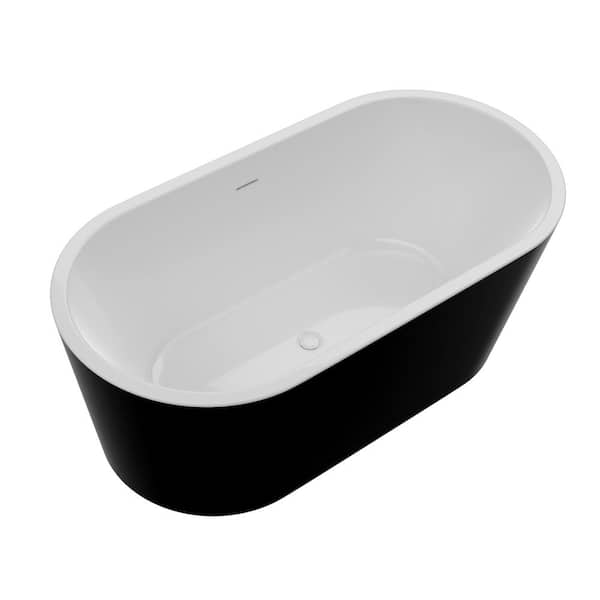Chand Series 55 in. x 30 in. Flat Bottom Acrylic Freestanding Soaking Bathtub with Center Drain in Glossy Black