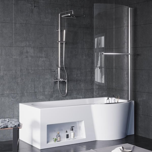 66 in. Acrylic Soaking Bathtub with Right Drain, Right Cabinet and Shower Door, Easy Clean, Ergonomic Design in White