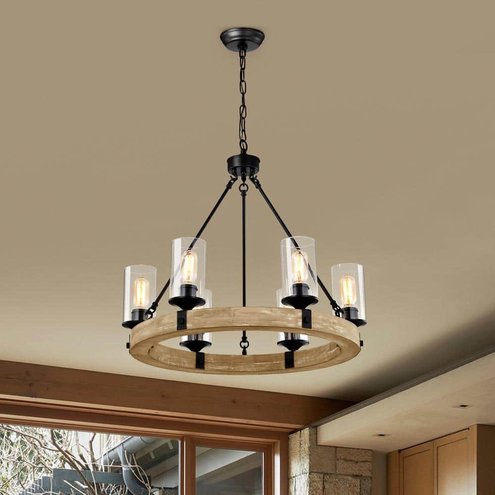 Rustic Farmhouse 6-Light Wagon Wheel Chandelier with Vintage Wood & Black Detail