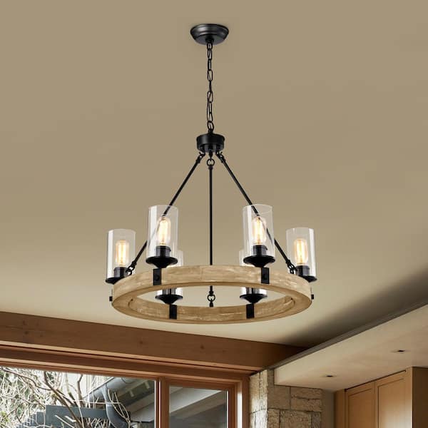 Elk 6-Light Matte Black and Vintage Wood Wheel Farmhouse Chandelier with Clear Glass Shade