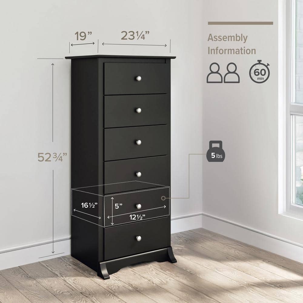 Black Vertical 6-Drawer Chest with Roller Glides