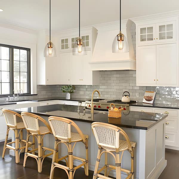 1-Light Brass Gold Mini Pendant Light, Seeded Glass Black Pendant Hanging Light, Modern Light Fixture for Kitchen Island