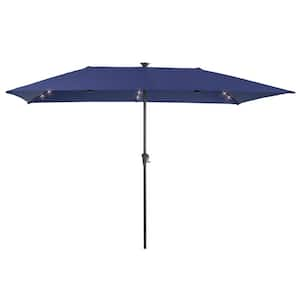 10 x 6.5 ft. Steel Solar-powered Large Double-Sided Rectangular Outdoor Market Patio Umbrella with Crank in Navy Blue