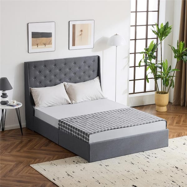 Gray Upholstered Metal Frame Queen Size Platform Bed with 4 Drawers, Wingback Headboard with Button Tufted Design