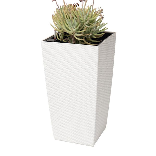 XBRAND 30 in. H White Rattan Self Watering Indoor Outdoor Square Planter Pot, Tall Decorative Gardening Pot, Home Decor Accent