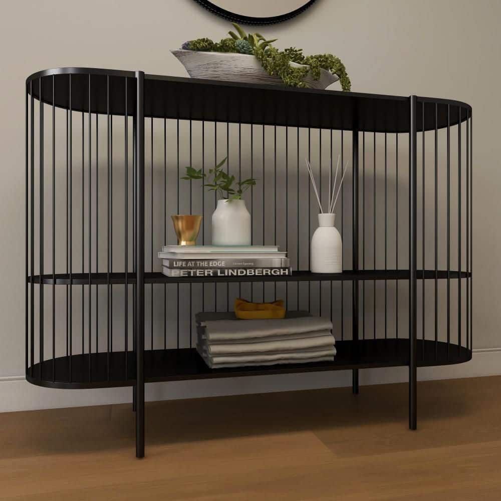Sleek Black Metal Console Table with Dual Storage Shelves