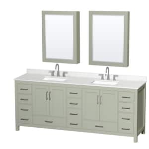 Sheffield 84 in. W x 22 in. D x 35 in. H Double Bath Vanity in Light Green with Giotto Quartz Top and Mirror