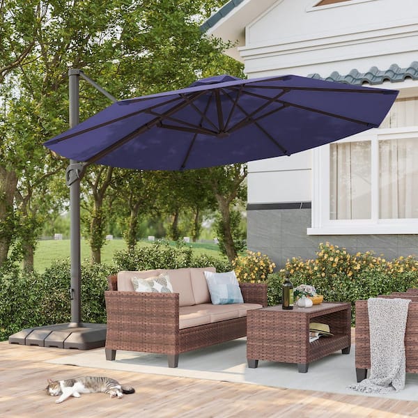 11 ft. Aluminum Cantilever Patio Offset Umbrella Outdoor with a Base in Navy Blue