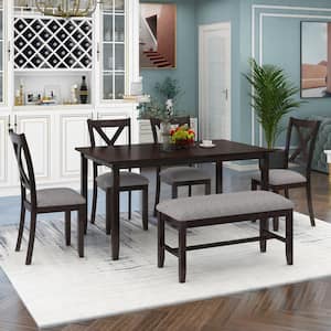 6-Piece Espresso Kitchen Dining Table Set Wooden Rectangular Dining Table with 4 Fabric Chairs and Bench