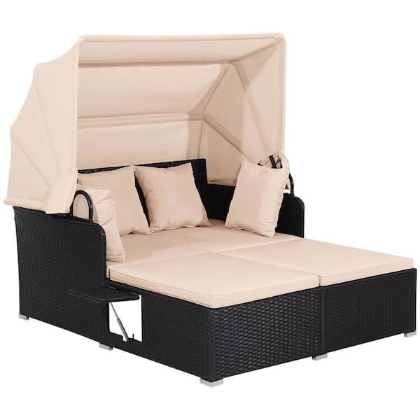 Wicker Outdoor Day Bed Lounge with Retractable Top Canopy Side Tables Beige Cushions