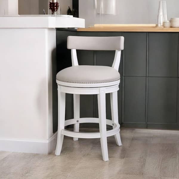 37.00 in. H White Counter Height Solid Wood Bar Stool with Faux Leather Seat (Set of 1)