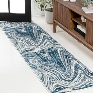 Eleni Turquoise/Cream 2 ft. x 8 ft. Contemporary Glam Abstract Marble Runner Rug