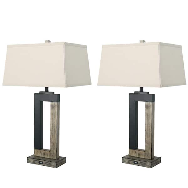 25.8 in. Black Metal and Gray Wood Base USB Table Lamp Set with Off-White Fabric Shade and Cable (Set of 2)