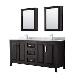 Daria 72 in. Double Bathroom Vanity in Dark Espresso with Marble Vanity Top in Carrara White and Medicine Cabinets