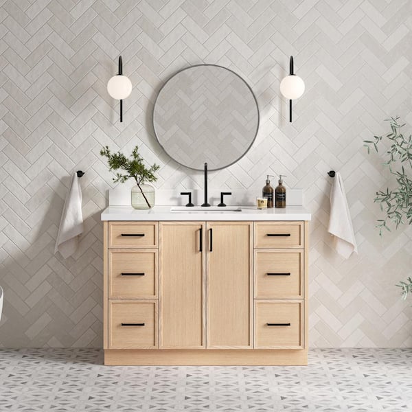 ARIEL Kelly 49 in. W x 22 in. D x 36 in. H Single Sink Bath Vanity in White Oak with Pure White Quartz Top