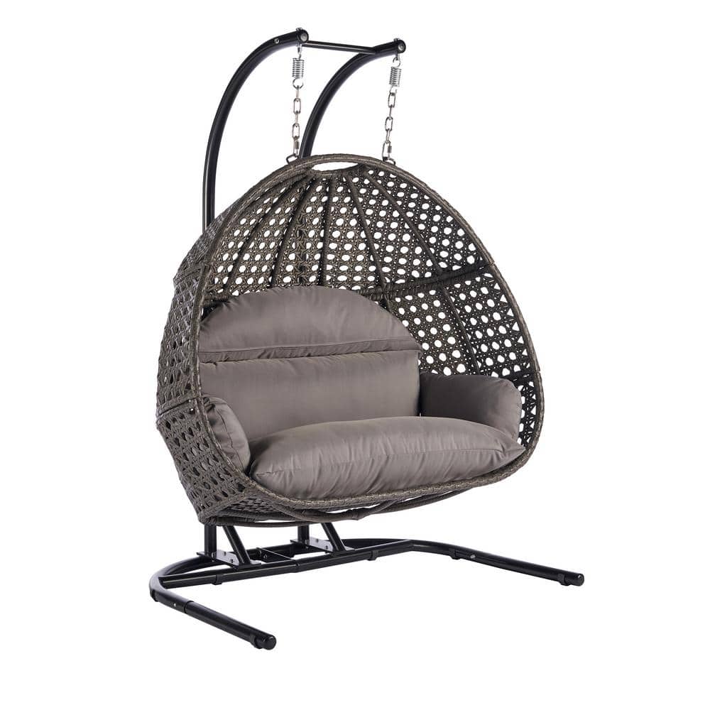 2 Person Wicker Porch Swing Double Hanging Egg Swing Chair Light Gray Cushi