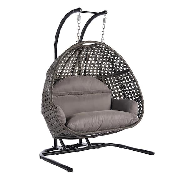 SANSTAR 2 Person Wicker Porch Swing Double Hanging Egg Swing Chair Light Gray Cushion