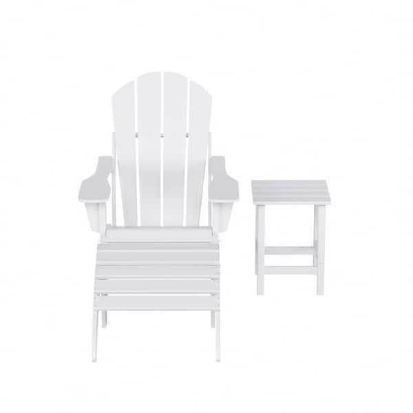 Laguna Classic Outdoor Patio Plastic Foldable Adirondack Chair with Ottoman and Side Table Set (3-Piece), White