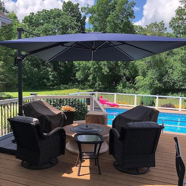 9 ft. Square Aluminum UV-Resistant Outdoor Cantilever Offset 360° Rotation Patio Umbrella with Base, Navy Blue