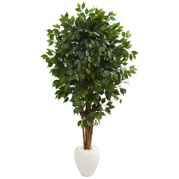 Nearly Natural Indoor 6 ft. Ficus Artificial Tree in White Planter 5666 ...