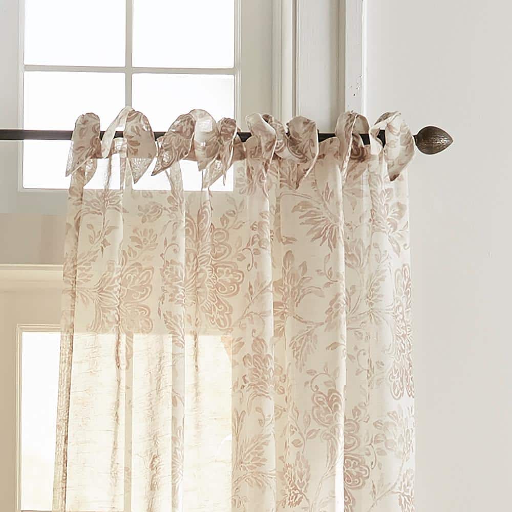 Flax Tie-Top Sheer Voile Curtains with Floral Print