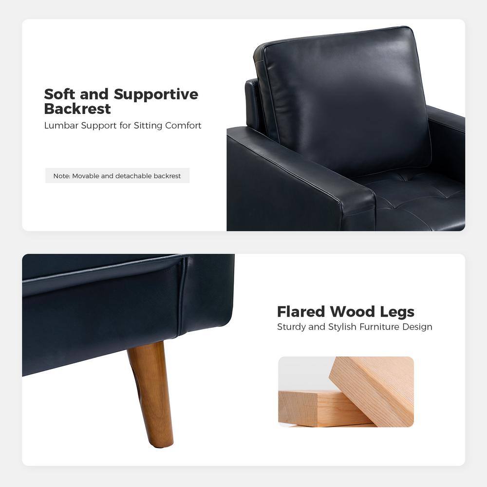 Navy Genuine Leather Mid-Century Modern Accent Chair