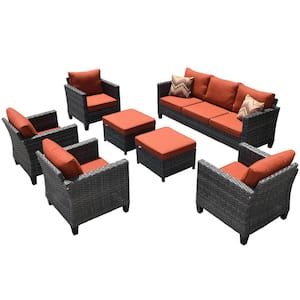 New Vultros Gray 7-Piece Wicker Outdoor Patio Conversation Seating Set with Orange Red Cushions