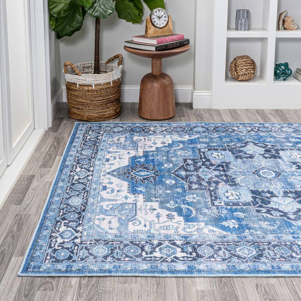 Maris Easy-Care Blue Medallion Washable Synthetic Area Rug, 3 X 5