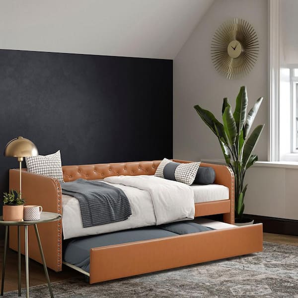 Prudhoe Brown Faux Leather Upholstered Button-tufted Twin Daybed with Trundle