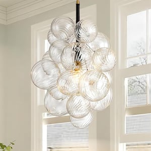 Cruce 1-Light Black Modern Cluster Clear Swirled Glass Globe Bubble Chandelier for Kitchen Island with Bulbs Included