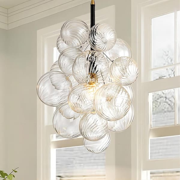 RRTYO Cruce 1-Light Black Modern Cluster Clear Swirled Glass Globe Bubble Chandelier for Kitchen Island with Bulbs Included