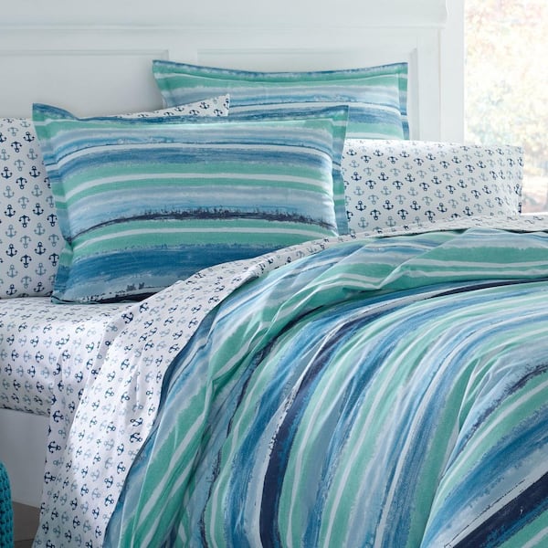 Poppy Fritz Alex 2 Piece Aqua Blue Striped T150 Cotton Twin Duvet Cover Set 220834 The Home Depot