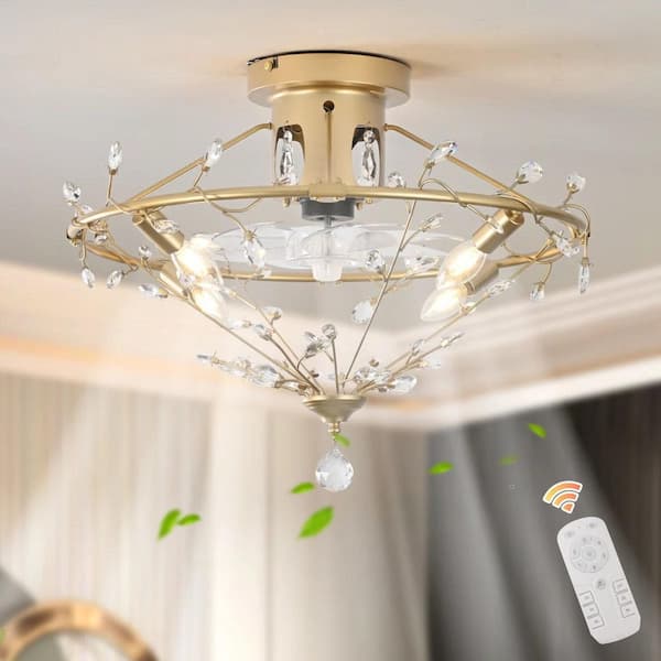 23.62 in. 4-Light Indoor Gold Caged Crystal Reversible Timer Low Profile Flush Mount Ceiling Fan with Light and Remote