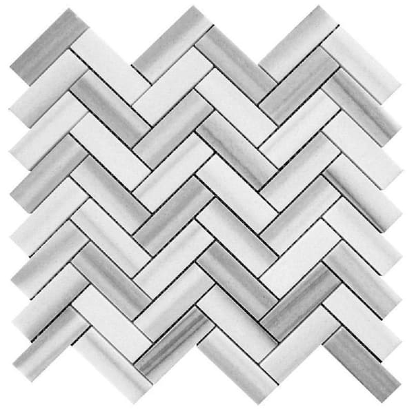 Apollo Tile Gray 11.9 in. x 12.8 in. Equator Herringbone Polished Marble Mosaic Tile (5.28 sq. ft./Case)