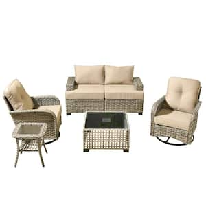 Aimee 6-Piece Wicker Patio Conversation Seating Sofa Set with Beige Cushions and Swivel Rocking Chairs