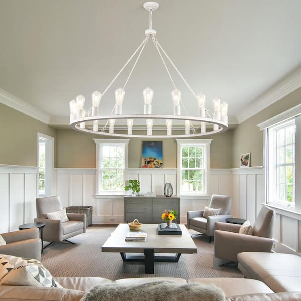 20-Light Vintage White Circle Candle Design Wagon Wheel Chandelier Linear Chandelier Lighting for Dining Room
