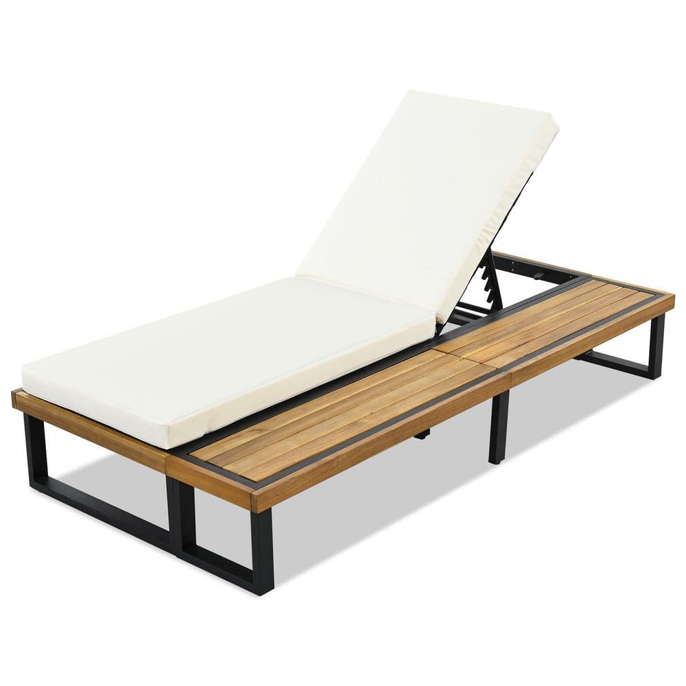 Acacia Wood Outdoor Chaise Lounge with Beige Cushions, 5-Position Adjustabl