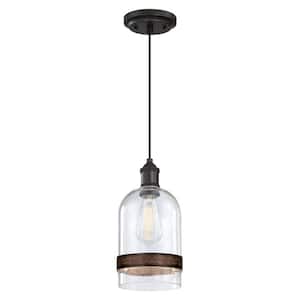 Tarrant 1-Light Black-Bronze Statement Mini Pendant with Clear Seeded Glass and Barnwood Band