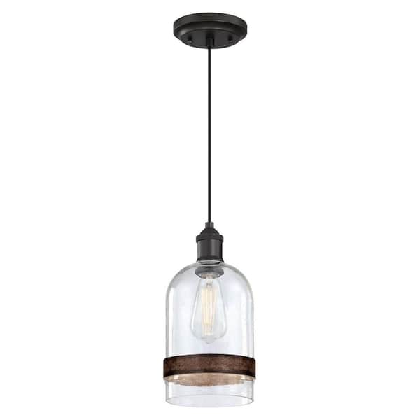 Westinghouse Tarrant 1-Light Black-Bronze Statement Mini Pendant with Clear Seeded Glass and Barnwood Band