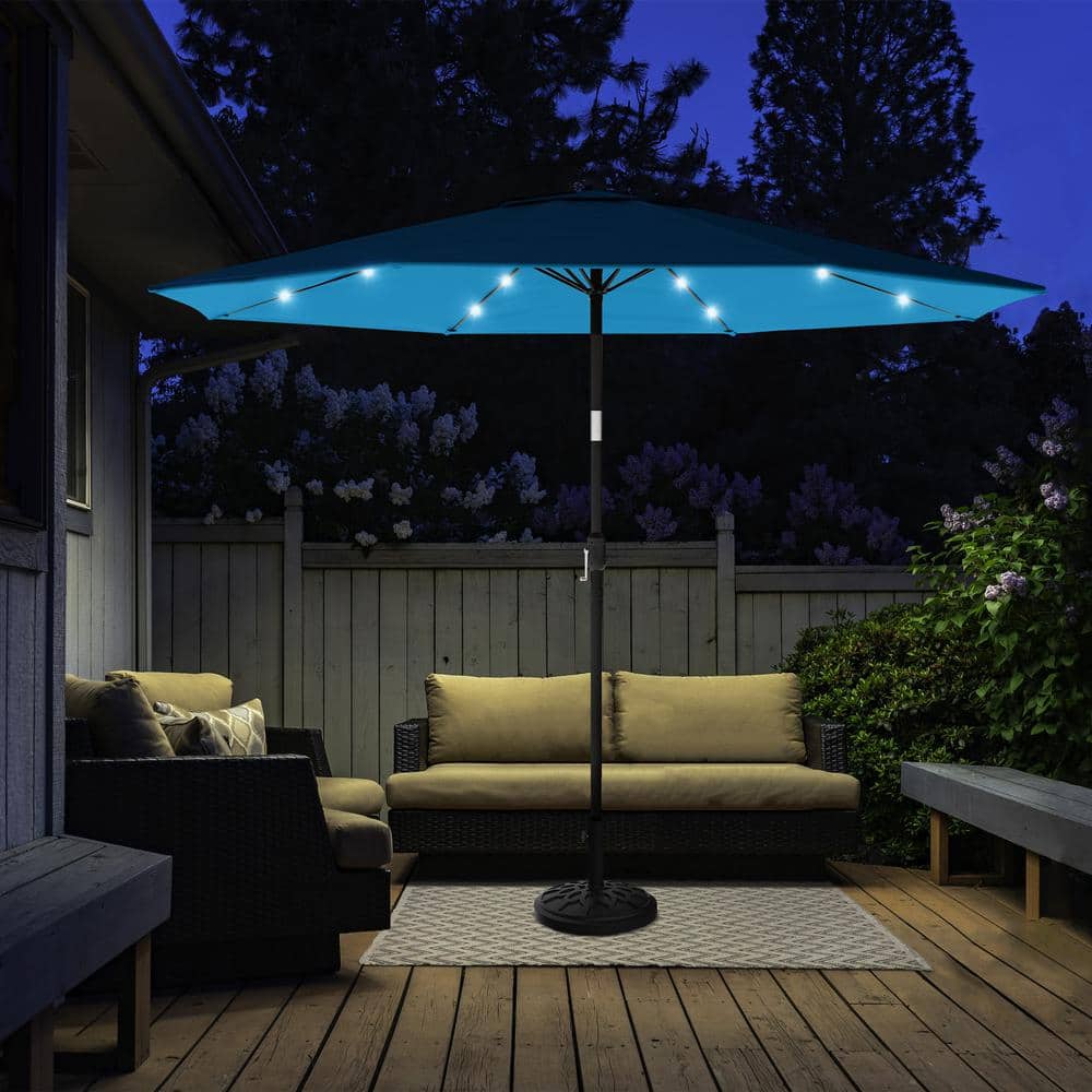 Bright Blue 10-Foot Solar LED Patio Umbrella with Steel Frame