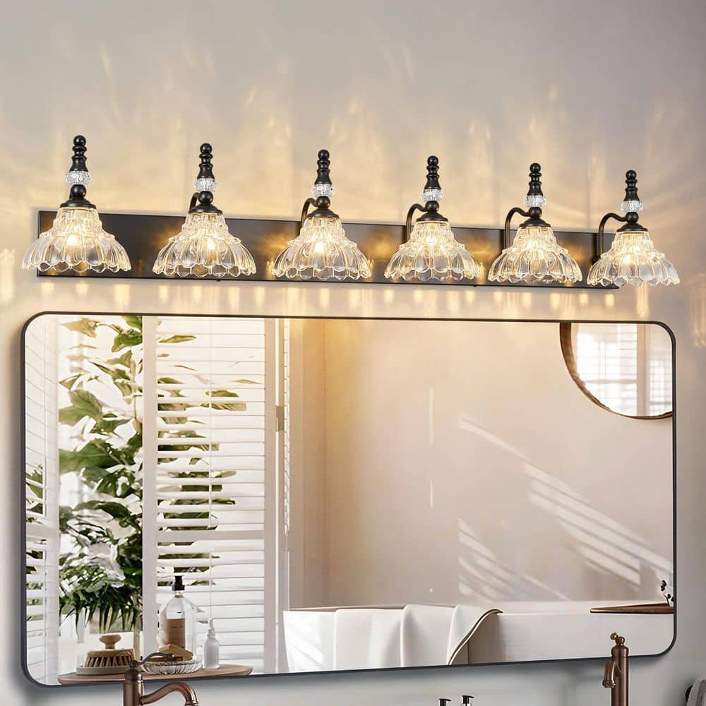 Home Lighting 46.45 in. 6-Light Black Vintage Bathroom Vanity Light with Flower Glass Shade Over Mirror for Bathroom price history on PriceWatchPro
